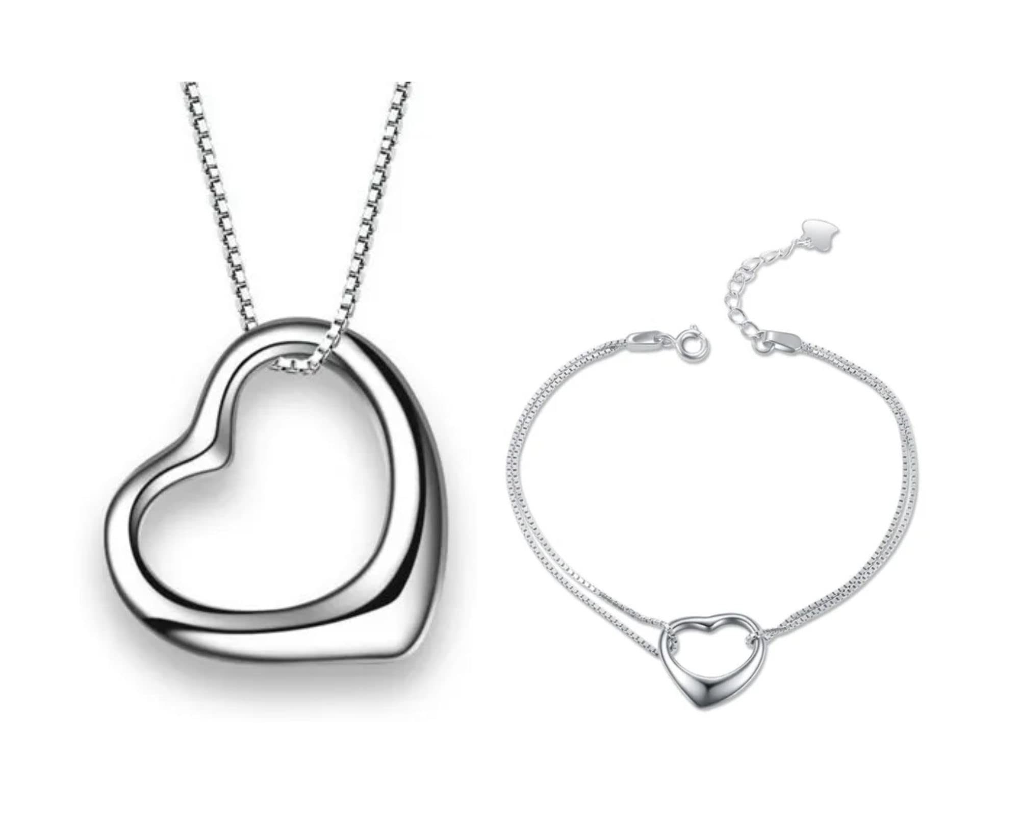 MIMISA Collar Pulsera Colgante Corazon Brazalete Set Gargantilla Ley plata 925 Kit Conjunto Mujer Niñas Corazón Regalo Aniversario Madre Novia Amiga