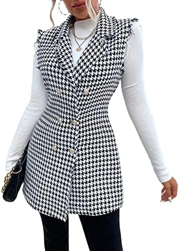WDIRARA Women's Houndstooth Print Sleeveless Lapel Raw Trim Button Front Long Vest Jacket Black and White XS