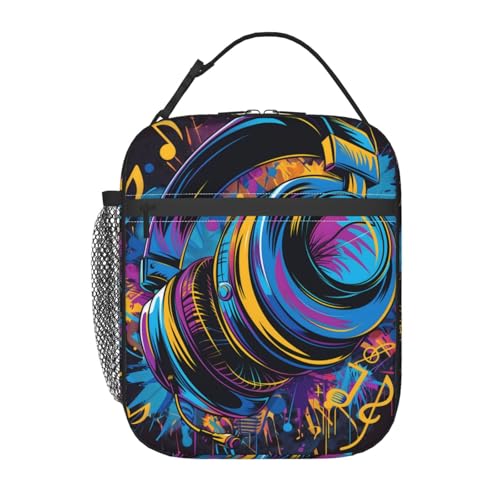 SIUKUS Insulated Lunch Box for Kids Boys Girls, Reusable Lunch Bag for School, Office, Work, Picnic, Travel, Headphones and Music Notes Lunch Box