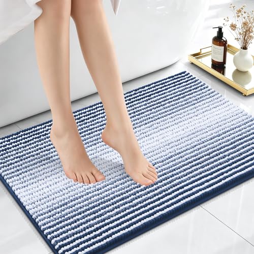 Image of OLANLY Small Bathroom Rugs 24x16, Extra Soft Absorbent Chenille Striped Bath Rugs, Rubber Backing, Machine Wash Dry, Bath Mats for Bathroom Floor, Tub and Shower, Home Decor Accessories, Navy