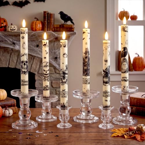 Image of Aurelema 6 Pcs Halloween LED Flameless Candle Set Vintage Gothic Taper Candles Battery Operated with Remote Skull Candles Raven Pumpkin Decorations for Home Halloween Party Favors Spooky Season Decor