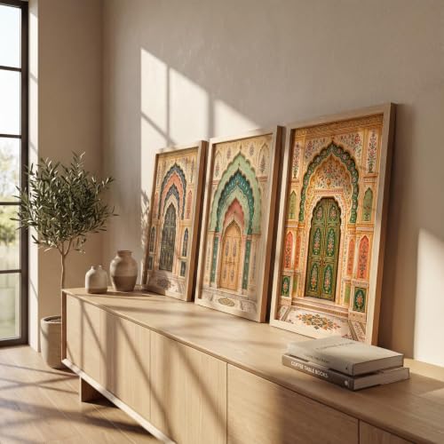 Image of NoWorries Arch Wall Art Set of 3 Framed Prints | Indian Traditional Palace Door Painting, Royal Rajasthani Architecture Poster, Vintage Floral Ethnic Wall Decor for Living Room Bedroom Home (Synthetic Engineered Wooden Frame) (MIN -3, 25x37 inches)