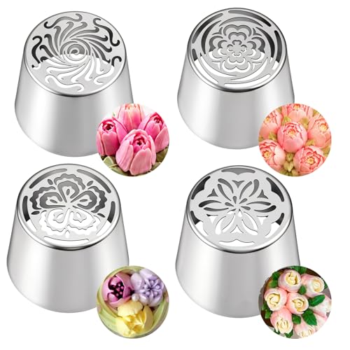 4 PCS Russian Piping Tips Set Stainless Steel Extra Large Russian Piping Tip 3D Flower Tips for Cake Decorating Flower Shaped Frosting Nozzle Kit for Wedding Birthday Cakes Cupcakes Cookies Baker
