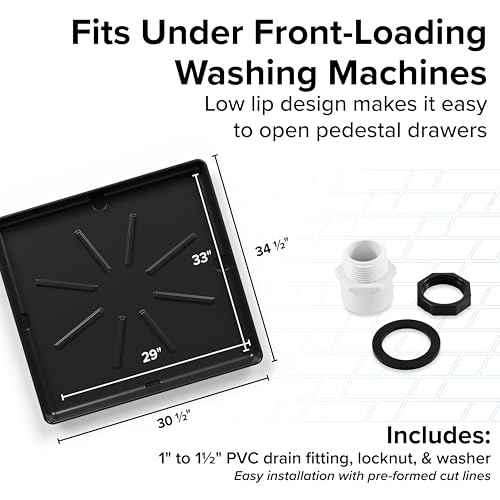 Image of Camco Low Profile Washing Machine Drain Pan with PVC Fitting - 29 inch x 33 inch ID and 30.5 inch x 34.5 inch OD - Protects Your Floors from Washing Machine Leaks - Easy to Use - Graphite - 20784