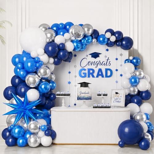Image of Graduation Balloon Arch Kit 2026 Blue and White Balloon Garland Royal Blue White Silver Balloons with Star Foil for Congrats Grad Class Retirement Prom Birthday Baby Shower Wedding Party Decorations