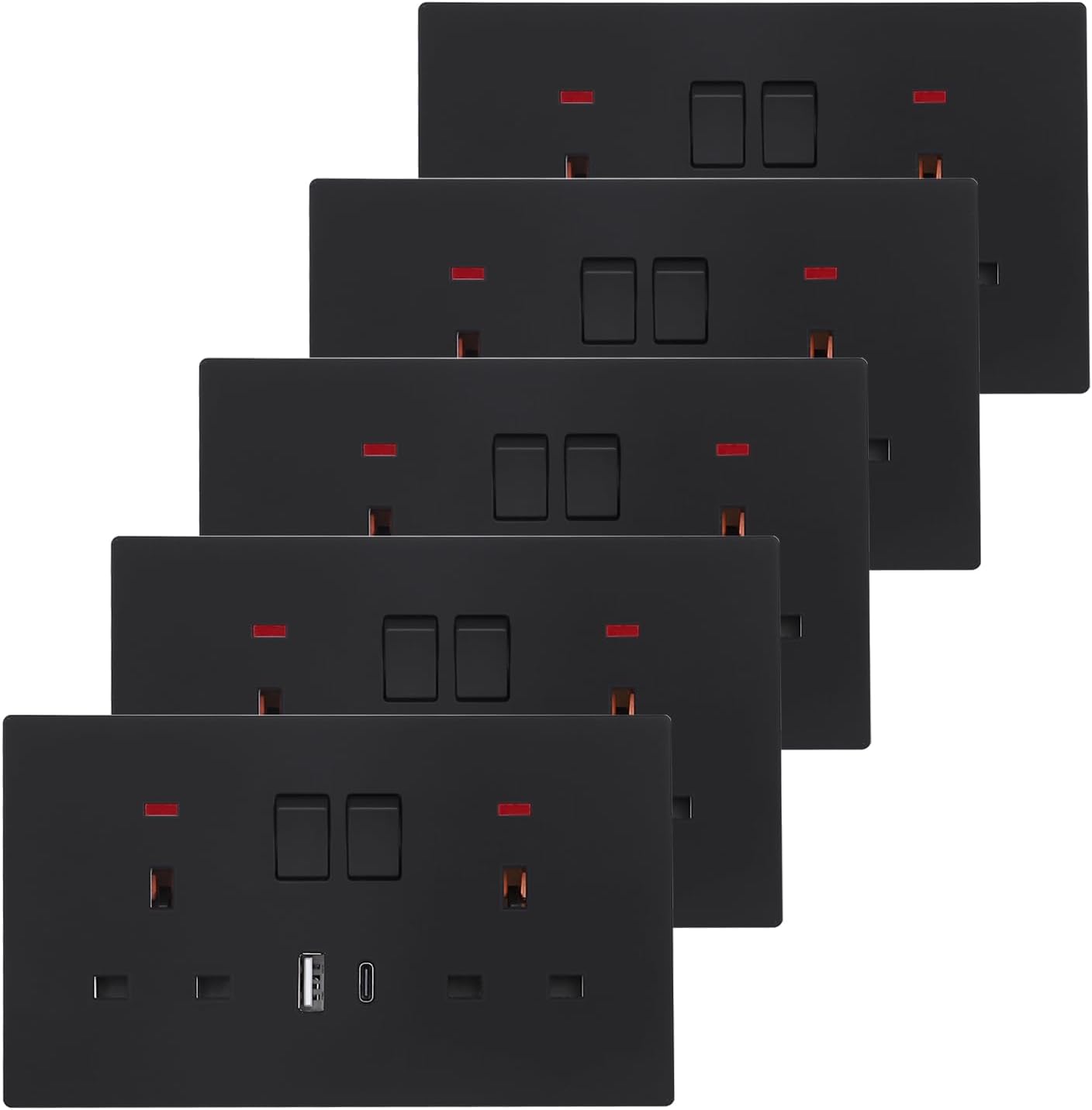CNBINGO 5 Pack Double Socket with USB A and Type C Matt Black Plug Socket with USB Charger Wall Outlet Electric Power Sockets
