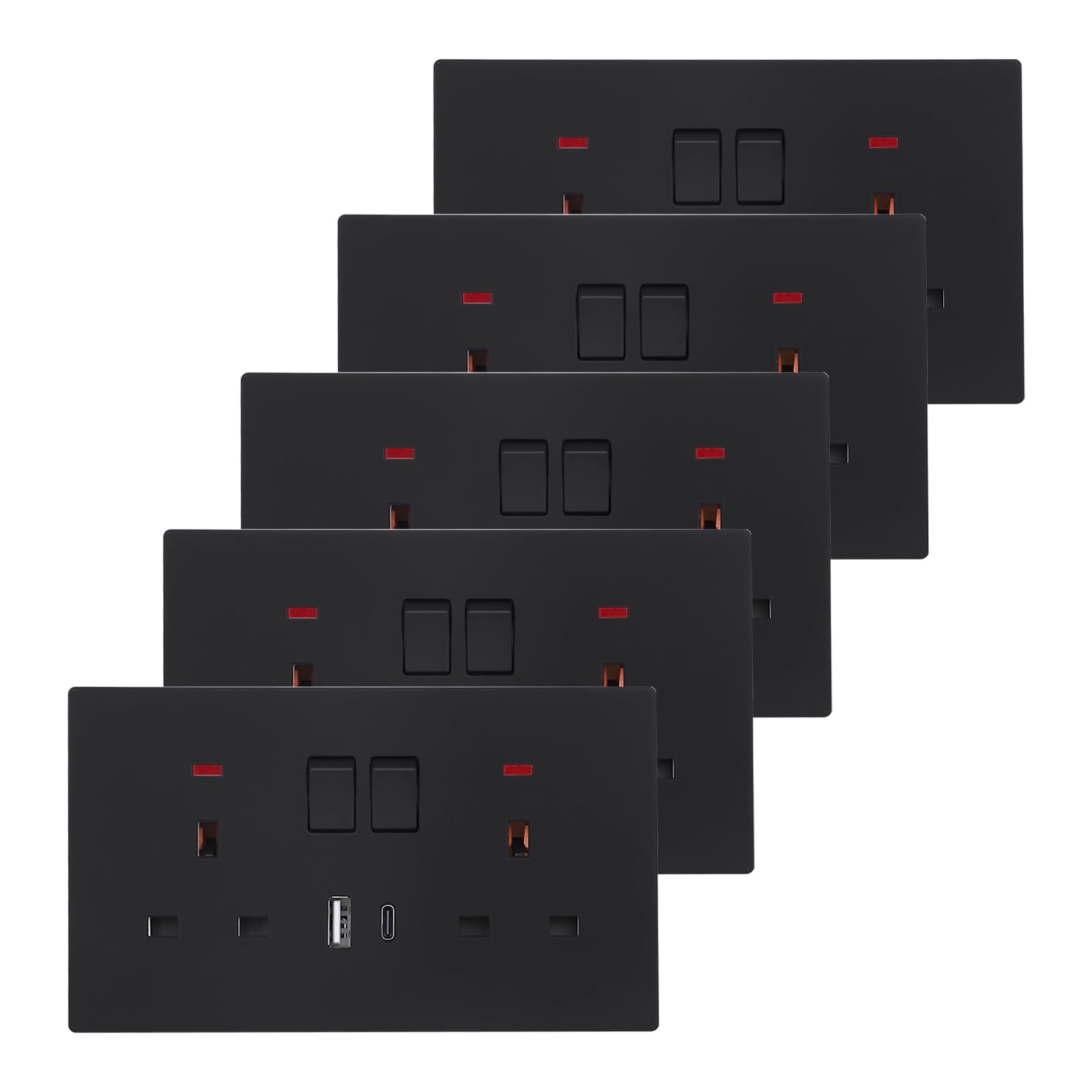 CNBINGO 5 Pack Double Socket with USB A and Type C Matt Black Plug Socket with USB Charger Wall Outlet Electric Power Sockets