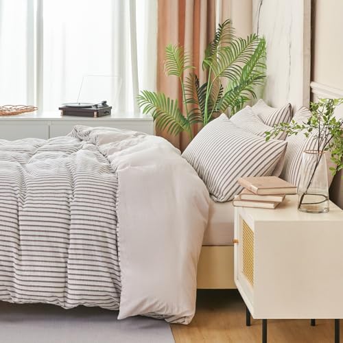 Image of Grey Striped Comforter Set King - 3 Pieces Bedding Comforter Set for All Season, Soft Lightweight Washed Microfiber, 1 Striped Comforter and 2 Pillowcases (Grey, King Size)