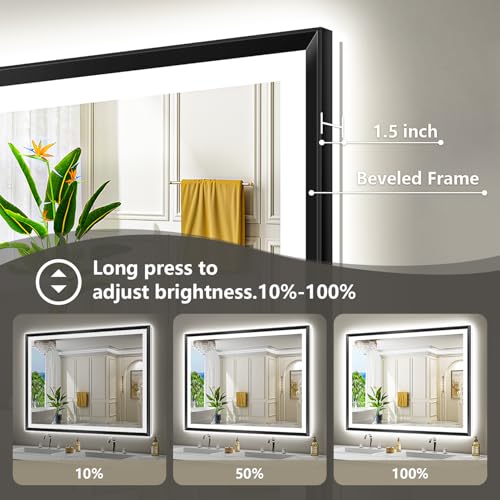 Image of 48x36 LED Bathroom Mirror with Lights, Black Lighted Mirror | Backlit and Front light, Anti-Fog, 3 Color Dimmable, Memory, Tempered Glass, IP54 Waterproof, UL Listed