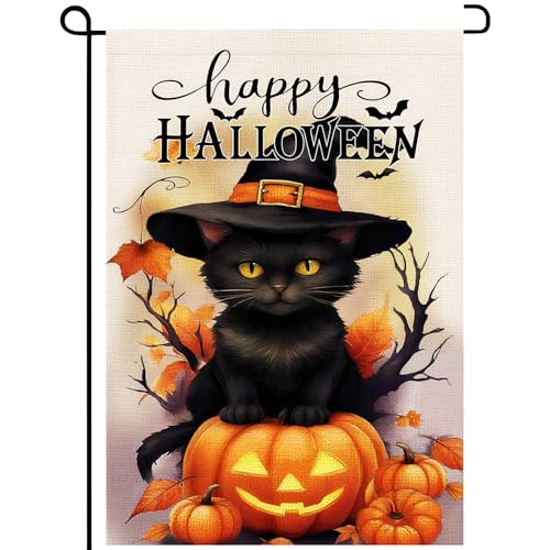 Halloween Cat Garden Flag 12x18 Vertical Double Sided Happy Halloween Pumpkin Bats and Cat halloween Home decoration Yard Flag for Outdoor Outside Patio Lawn Farmhouse Farmland Holiday Decoration