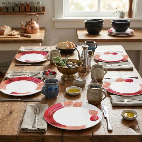 Image of Melamine Dinner Plates | Round Full Plate | Microwave Safe | Break Resistant | Plates for Breakfast, Lunch, Dinner | Plates for home, Office, Restaurant | Set of 6 | 11 Inch's (PINK LEAF)