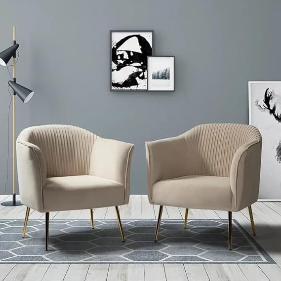 Tufted Barrel Chair (Set of 2) Fabric Velvet Accent Chair for Living Room, Drawing Room, Bedroom & Office Solid Wood Chair (Beige)-image-21
