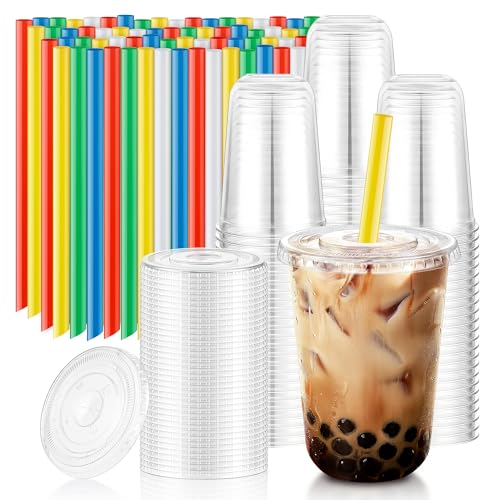 KesaPlan 50 Pack 16oz Clear Plastic Cups with Lids & Colorful Wide Straws Disposable Smoothie Cup Round Bottom To Go Drinking Cup for Bubble Tea Iced Coffee Milkshakes Party Picnic Supply