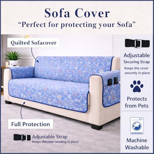 Image of STITCHNEST 'Double Vie Collection Series' Cotton Quilted Reversible Sofa Cover 2 Seater with Arm Rest and Pocket | Size 48x60 Inch
