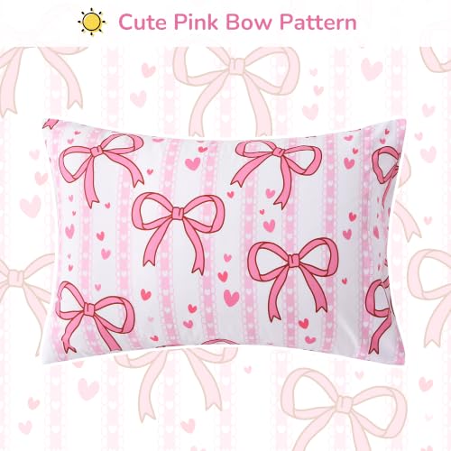 Image of Viviland Toddler Comforter Sets, 4 Pieces Bedding Sets, Bowknot Pattern | Microfiber Pink Bed Set, Girls, Breathable & Soft, Comforter, Bed Sheet, Fitted Sheet and Pillowcase, Machine Washable