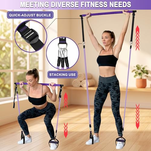 Image of Goocrun Portable Pilates Bar Kit with Resistance Bands for Men and Women - 3 Set Exercise Resistance Bands - Multifunctional Home Gym - Supports Full-Body Workouts - with Fitness Poster and Video