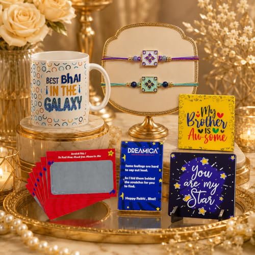 Image of Dreamica Designer Set of 2 Rakhi, Mug, Standee Showpiece, Set of 8 Scratch Cards, Fridge Magnet, Greeting Card and Tilak Set | Best Rakhi Gift for Brother