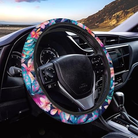 UNICEU Steering Wheel Cover (Hawaiian Hibiscus) Lightly Padded Floral Flowers Standard Size Wheel Car Accessories Automobile Hawaii Tropical Style Cover