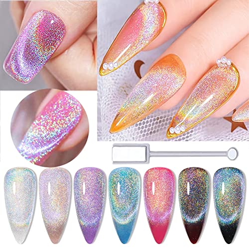 Laser Rainbow Cat Eye Gel Nail Polish Universal Cat Eye Glitter Nail Polish Sparking Diamond Nail Gel Polish with Magnetic UV LED Soak Offf Home DIY Manicure Nail Salon Shiny Varnish 7ml (1 Bottle)