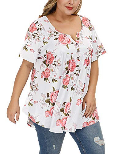 Allegrace Women's Plus Size Blouses Short Sleeve Henley Shirts Button Up V Neck Floral Pleated Tunic Tops White 4X #TOP2