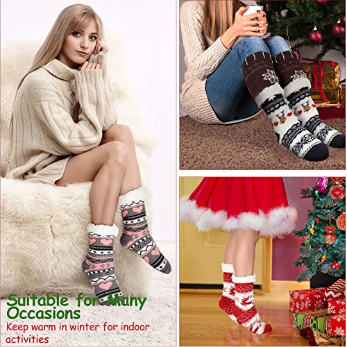 4 Pairs Christmas Women's Fuzzy Slipper Socks Fleece Christmas Slipper Socks Thick Warm Xmas Slipper Socks for Christmas Presents, Winter Party Supplies(Classic Style)3