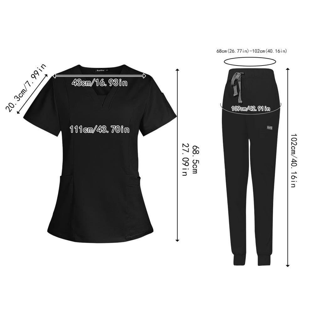 Damen Kasack Set mit Mehreren Taschen für Krankenschwestern Und Kosmetikstudios, Kurzarm Oberteil Und Jogginghose, Cos, Schwarz, m