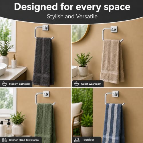 Image of SS304 Stainless Steel Towel Holder for Bathroom, Square Towel Ring, Wall Mounted, Chrome Finish, Hand Towel Hanger for Wash Basin, Kitchen Towel Hanger, Modern Bathroom Accessories