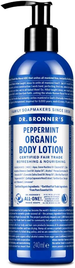 Dr Bronner's Organic Peppermint Hand and Body Lotion, Made with Organic Oils, Used for Face and Body, Certified Fair Trade & Vegan Friendly, 236ml Recycled Bottle