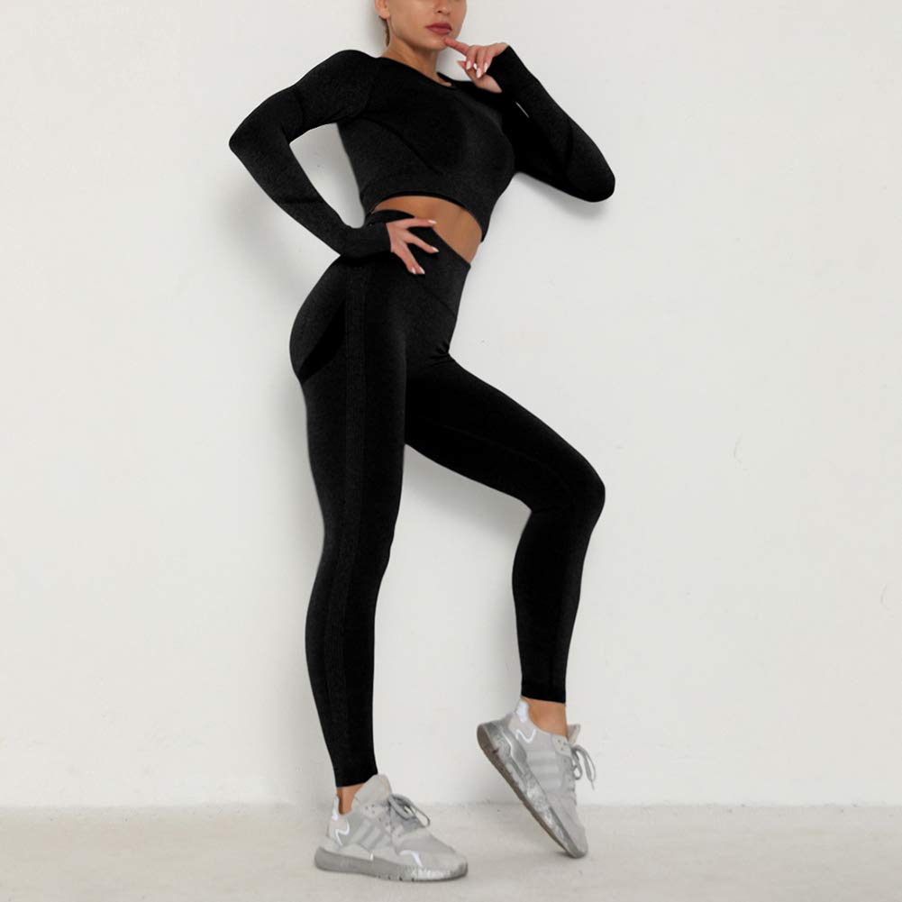 2 szt. zestaw damski joga fitness odzież sportowa bezszwowa fitness krótki biustonosz legginsy siłownia strój do biegania dres, Czarny, M