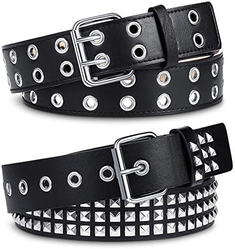 2 Pcs Rivet Studded Punk Belt Double Grommet Belt Gothic Belt for Women Men Gift (Black)