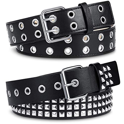 Syhood 2 Pcs Double Grommet Belt PU Leather Punk Rock Rivet Belt for Women Men Jeans Dresses