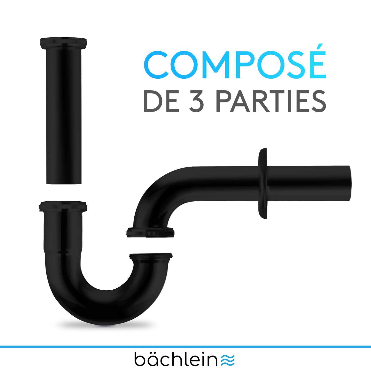 Bächlein Siphon Universel pour Lavabo et Évier (Extra Long) - Bonde de Lavabo Tubulaire - Siphon Adaptable - Anti-Odeur avec Orifice de Nettoyage + Mode d’Emploi - Mat Noir