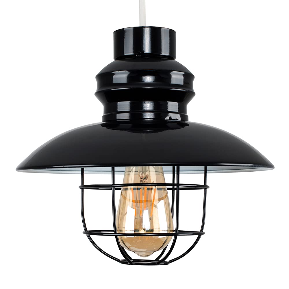 MiniSun | Modern Black Metal Fisherman's Style Ceiling Light Shade | Pendant Lights, Home Décor & Improvement Essential | Includes 4W LED Bulb [2700K Warm White] | 29cm Shade Width
