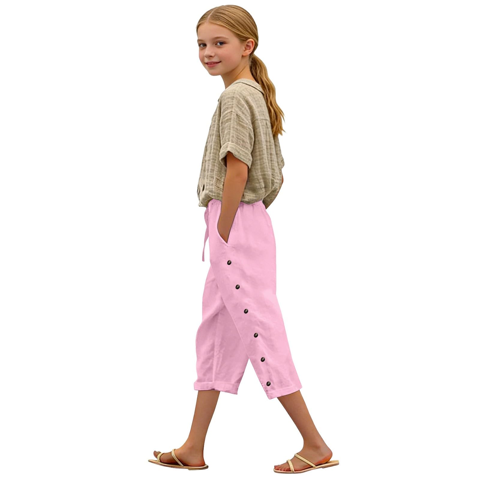 Pantaloni Capri in cotone e lino per ragazze Pantaloni larghi per la scuola Pantaloni da tuta per bambini con bottoni coulisse elastico in vita pantaloni sportivi casual traspiranti