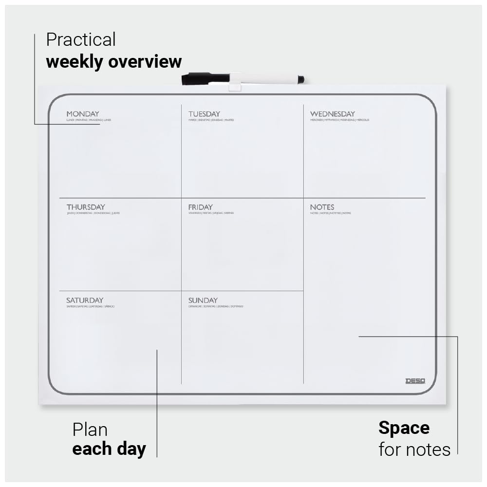 Planning Mensuel Magnétique DESQ - 40x50 Cm, 35 Jours, Effaçable à Sec - Avec Marqueur Magnétique - Français