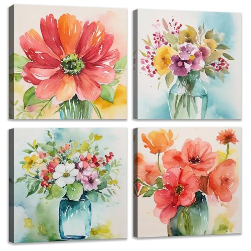 The Mode Art Canvas Art Fresh Flower Print Wall Art for Kitchen 4 Pieces Flower Themed Home Decor Prints Bathroom Wall Decor Bedroom Watercolors Flowers Each Canvas Size:12x12inch