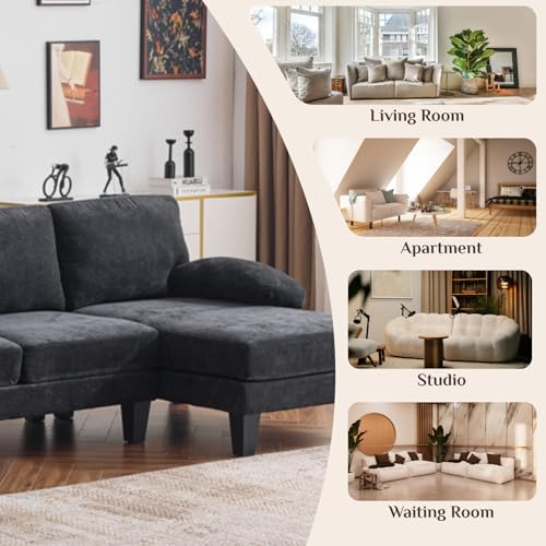 Image of Karl home Compact U-Shape Sectional Sofa Couch 111 inch 4-Seat Black | Modern, Chenille Fabric Upholstered, Double Chaise, Wood Grain Legs for Living Room, Home Office, Apartment, Studio
