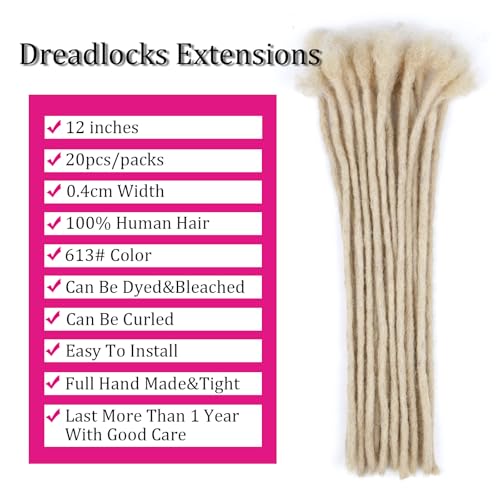 Huarisi 12 inch 20 Strands 0.4cm Human Hair Dreadlocks Extensions for Black Women Blonde Afro Kinky Handmade Permanent Loc Extensions Real Hair for Men (613 Color - Image 4
