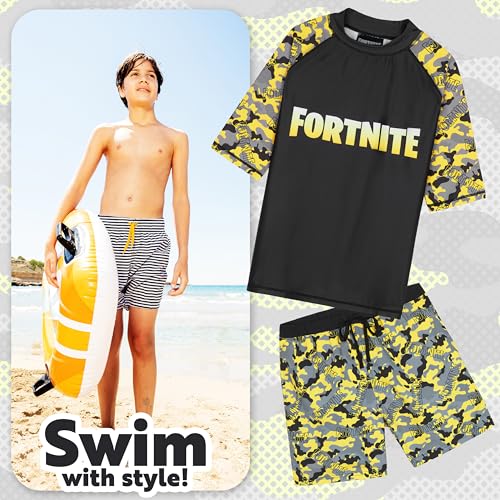 Get Trend Fortnite Bathing Suit Set for Boys Teens 2 Pcs Swim Trunks Boys Rash Guard (9-10 Years, Yellow Fortnite)3
