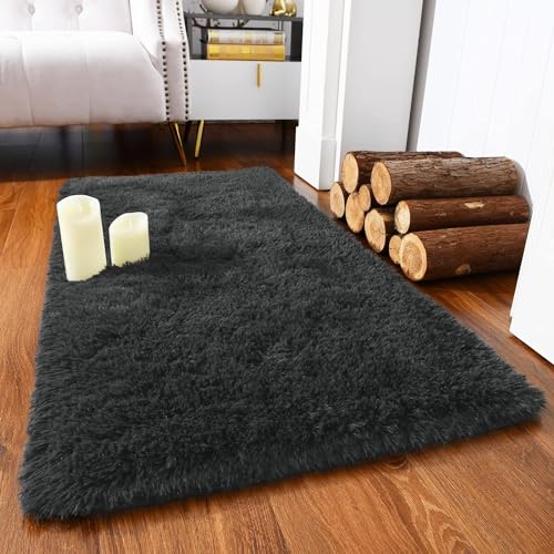 Image of Carpet for Hallway, Kitchen, and Modern InteriorsCarpetCozy Shag Runner for Living Room, Bedroom & Office Decor ETC Size 5x7 feet, Patten-Solid Dark Grey