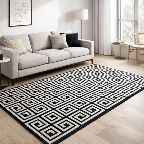 Image of Matz&More Greek Symmetric Key Rug | 100x150 CM | Black White | Soft Nylon Loop Pile with Anti-Slip Gel Backing | Living Room, Bedroom & Office Floor Carpet
