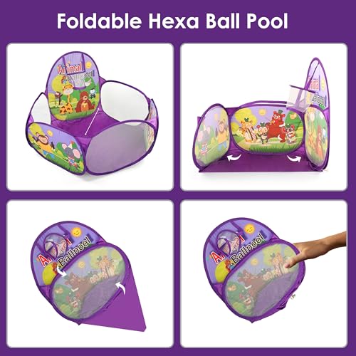 Image of BabyGo Kids Animal Basketball Ball Pool for Kids, Play Tent House for 2+ Year Old Girls and Boys, Ball Pit for Kids, Spacious, Lightweight, Portable & Easy to Set Up (Purple) (No Balls)