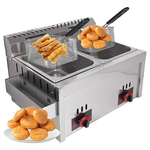 Freidoras comerciales a gas, 20 L, gran capacidad, acero inoxidable, doble cilindro, independiente, con control de temperatura, ideal para papas fritas y uso doméstico en cocina o restaurante