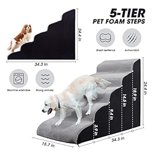  Foam-5-Tier-Dog-StepsStairs-for-High-Beds-25-inches-High-Tall-Extra-Wide-Pet-StairsSteps-for-High-BedsBedsidesNon-Slip-Dog-Ramps-for-Small-Dogs-for-Older-DogsCats-InjuredGrey