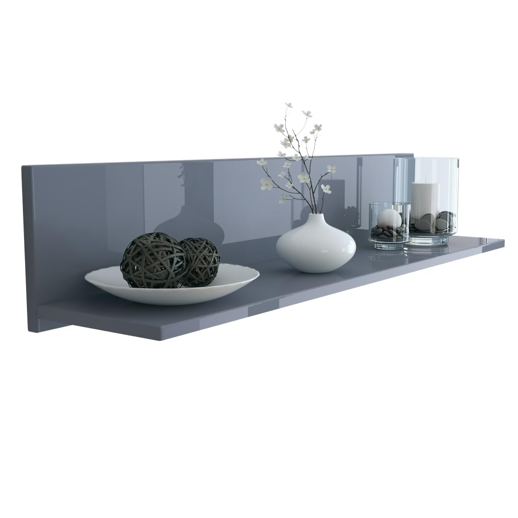 Vladon Skadu Wall-Mounted Shelf, Floating Shelf with a Practical Storage Surface, grey high gloss (97.5 x 18.5 x 18.5 cm)