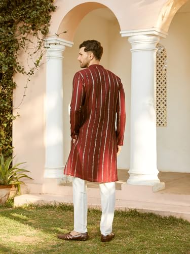 Image of See Designs Men Full Sleeve Chanderi Silk Sequins Mandarin Collar Side Slit Kurta With Pyjama