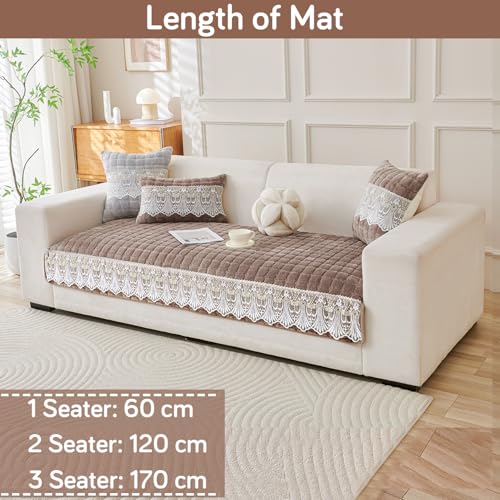 Image of HOKIPO 'BelleLace Series' Imperial Milk Velvet Sofa Cover Mat for 2 Seater Sofa, Lace Design, Mocha Brown (AR-5964-BRN*1)