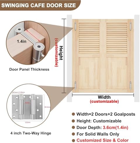Sturdy Solid Wood Swinging Cafe Door, 28" Wx28 H, Automatic Two-Way Half Door, Space-Saving & Scratch-Resistant for Kitchen, Bar, Bathroom Doorways