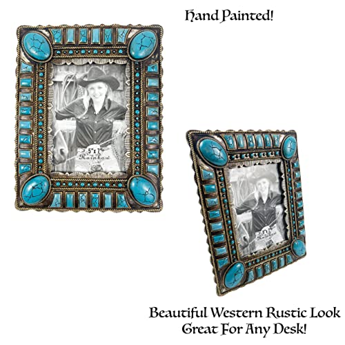 Urbalabs Cowboy Western Teal Gem Stone Rustic Country Decor Large Picture Frame 5 X 7 Rustic Country Gifts Farmhouse Picture Frames Wall Hanging Or Standing 5X7 Elaborate Picture Frame #TOP2