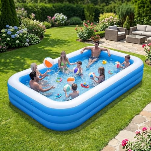 Image of EYUVAA LABEL Rectangular Inflatable Swimming Pool Bathtub, Soft Durable PVC Material, 3 Air Chambers, Electric Pump Compatible, Backyard Water Play, Outdoor Garden Summer Fun (10 Feet)